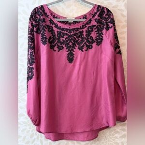 Sundance Women’s M Pink 100% SILK Black Floral Embroidered Peasant Blouse Top